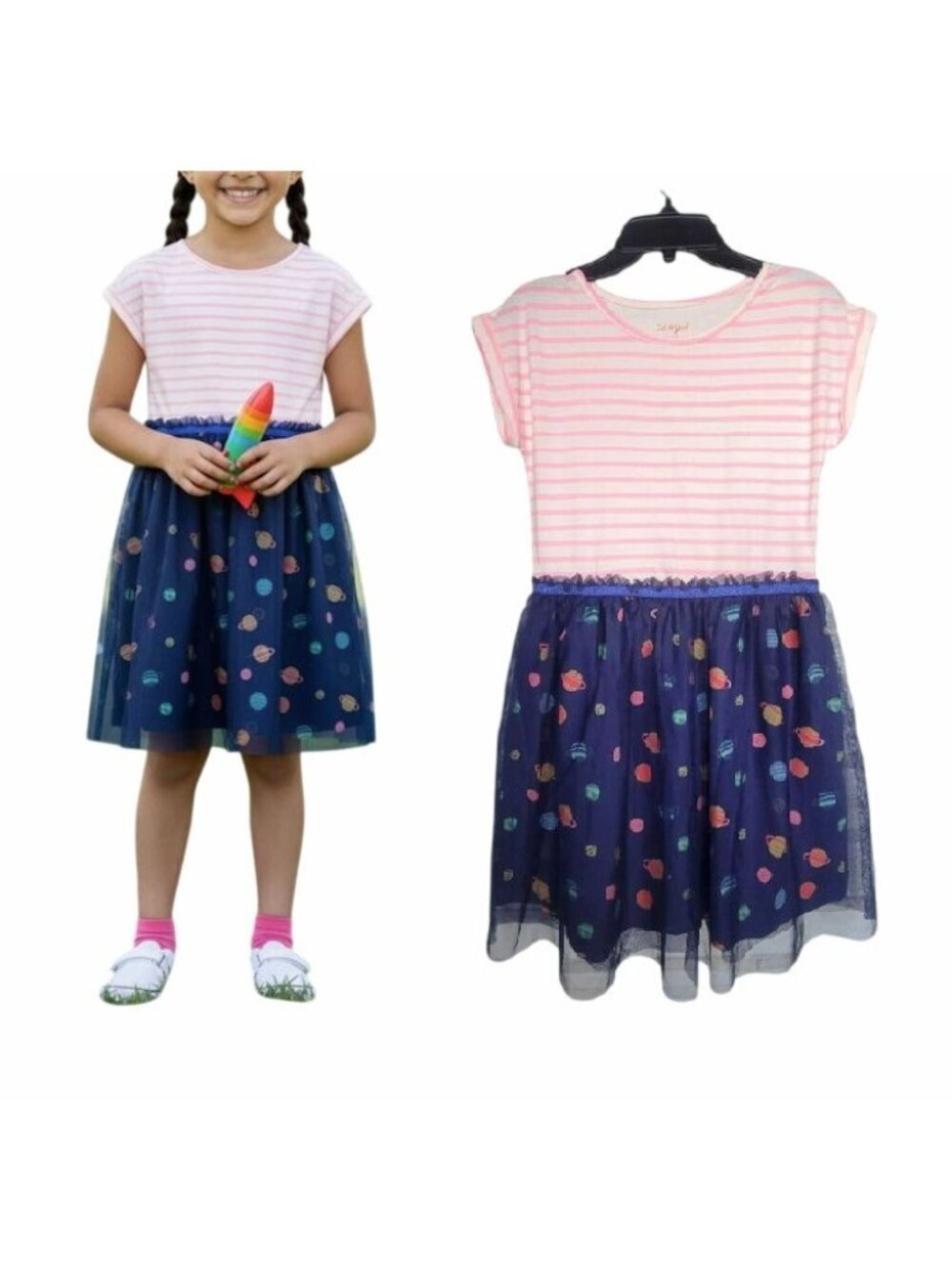 ❤️Big girls Casual Dress Sz L 10-12 cat & jack blue pink planets Tutu